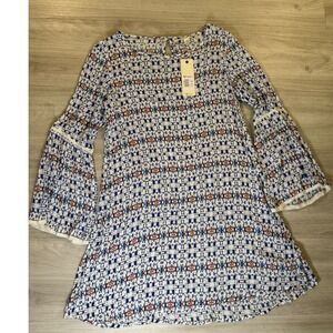 Roxy Womens Blue Geometric Tribal Print Bell Sleeve Boho Shift Dress Large NWT